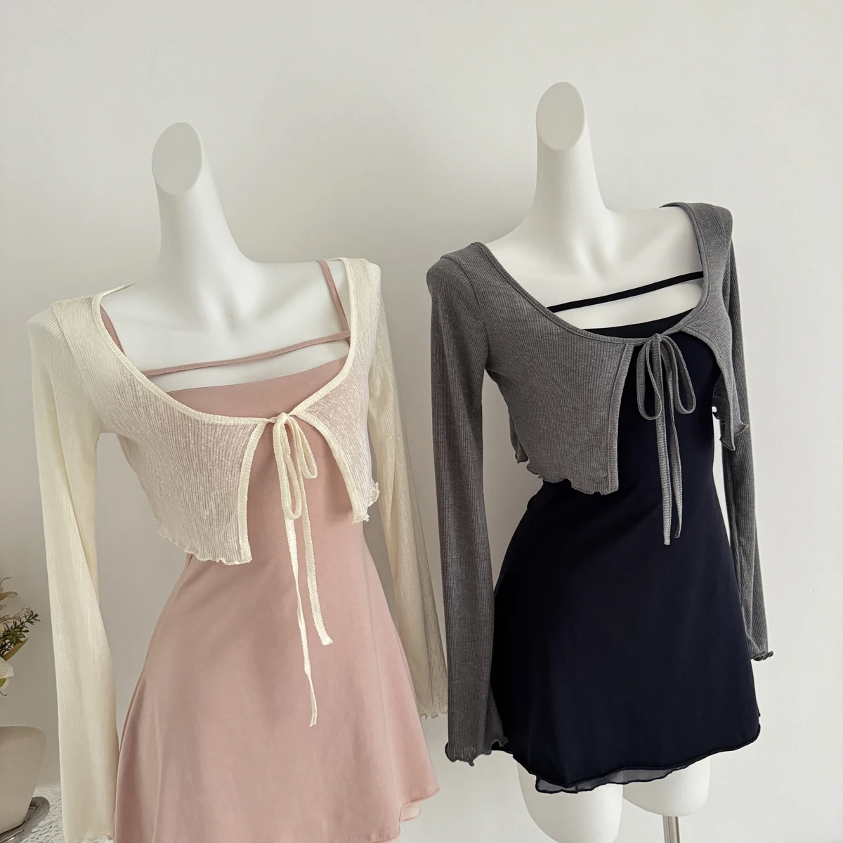 2025 New Arrival Fairy Woman Sunscreen Lace-up T-shirt Two-piece Set Dress Ruffle Edge Solid Slim Charming