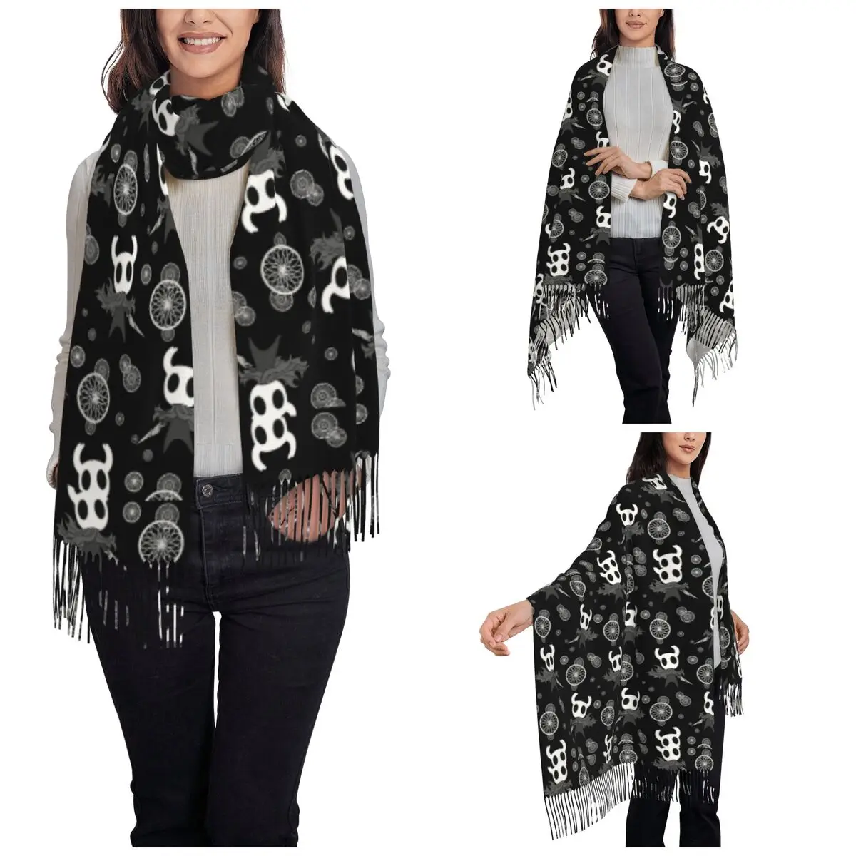 Hollow Knight Ghost Pattern Scarf for Womens Warm Winter Shawls and Wrap Game Long Large Scarves with Tassel Daily Wear