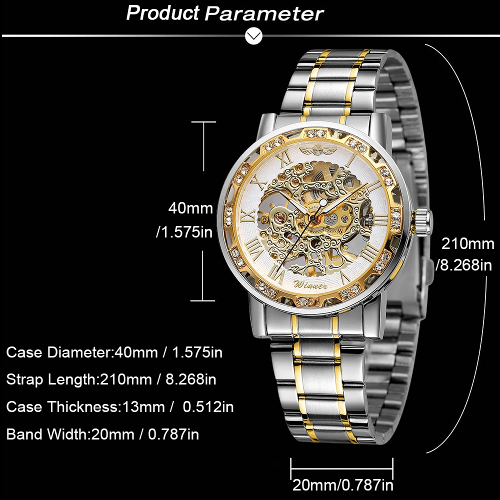 T-WINNER แฟชั่นผู้ชายลำลองโครงกระดูกนาฬิกาเครื่องกลแกะสลักตัวชี้ส่องสว่างหรูหราไรน์สโตนสีเงินผู้ชายนาฬิกาข้อมือ