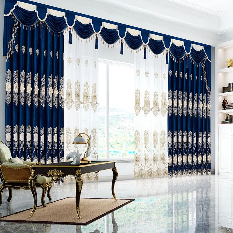 

Custom Noble British living room thick flannel embroidery velvet blue cloth valance blackout curtain tulle drape C1922