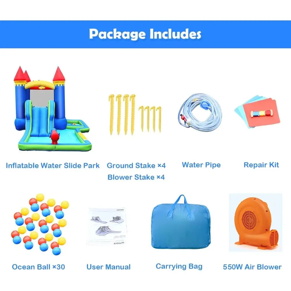 Scivolo d'acqua Iatable, casa per rimbalzo d'acqua con scivolo e pozzo per palline combinato asciutto e bagnato per divertimento nel cortile dei bambini con ventilatore GFCI da 550 W, B