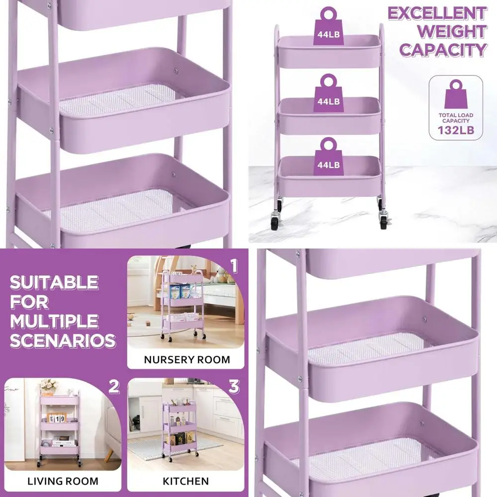 

3-х уровневая фиолетовая тележка-органайзер для макияжа на колесиках с запираемыми колесами для домашнего и офисного использования