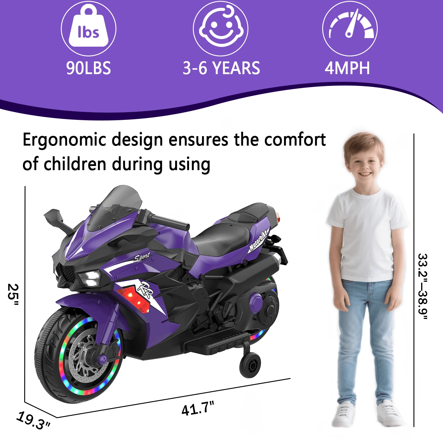 Motocicletta da 12 V per bambini, giocattolo da corsa alimentato a batteria con luci, suoni, ruote da allenamento, Bluetooth, dai 3 anni in su