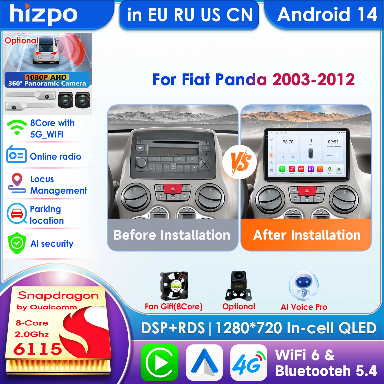 Hizpo 9'' Carplay 4G 2 Din Android 14 Car Radio for Fiat Panda 2003 - 2012 Panda Van 2007 Multimedia Video GPS DSP Autoradio RDS