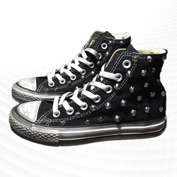 Creative black big size rivets do old hip hop punk show canvas shoes handmade custom men and women couples casual shoes 35-46