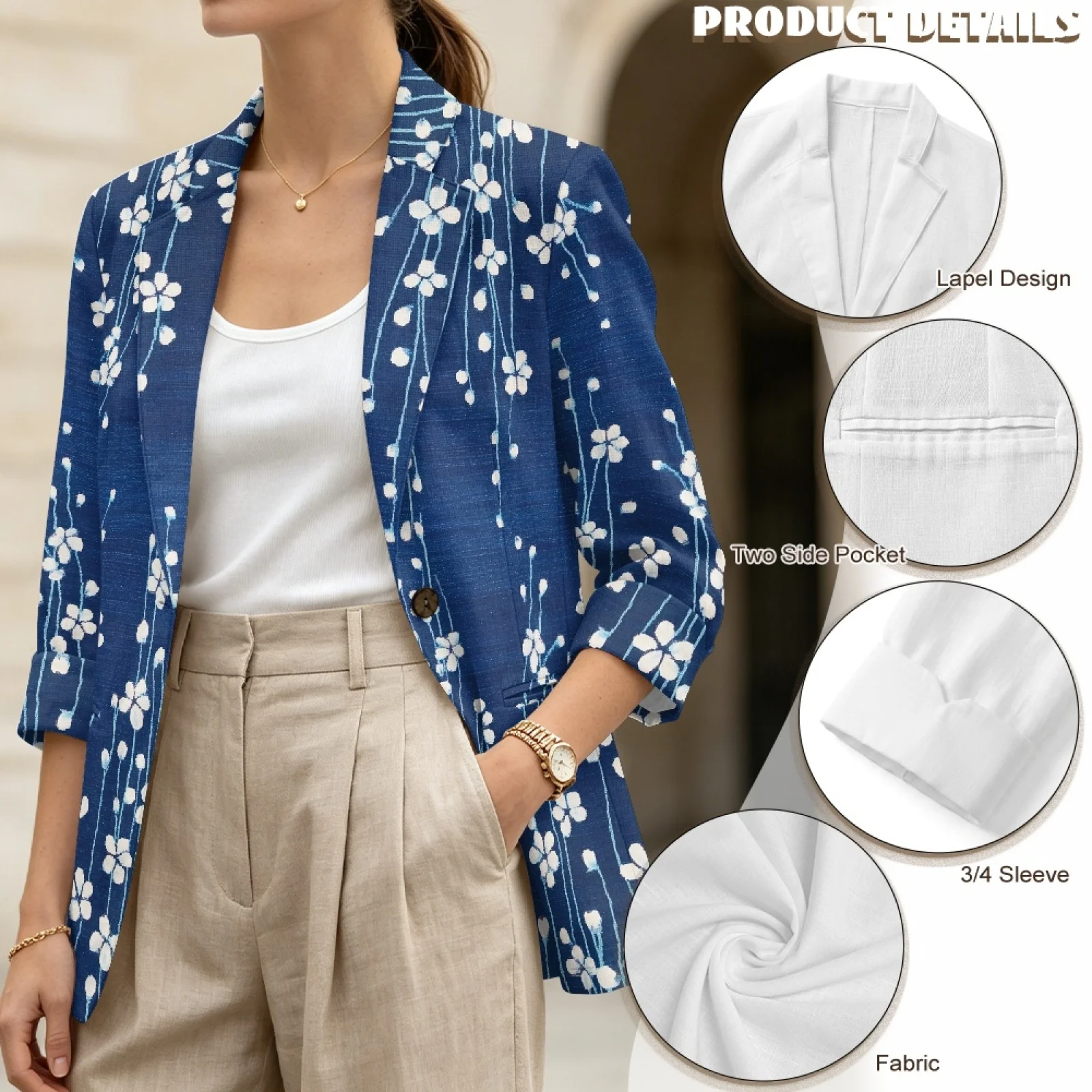 PENSTROLL Blue White Floral Casual Beach Top for Women Linen Like Layering Top Beach Coverups view 5
