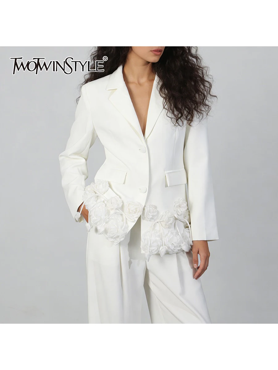 

TWOTWINSTYLE Solid Spliced 3D Flower Slimming Blazer for Women Lapel Long Sleeves Temperament Blazers Female 2026 Clothing New