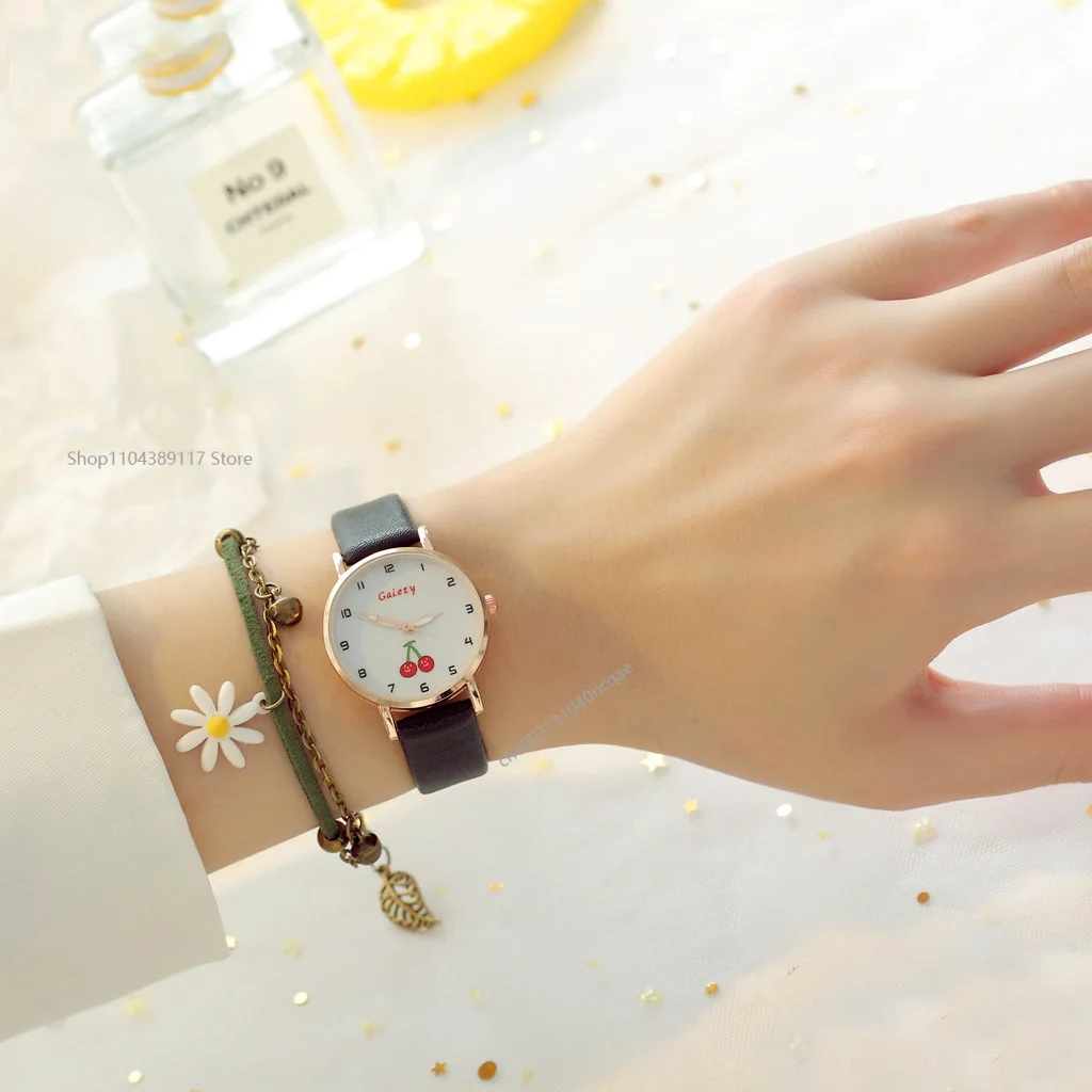 

Часы для девочек, красивые детские часы в стиле принцессы, студенческие кожаные кварцевые часы, милые наручные часы с вишней, Reloj Mujer