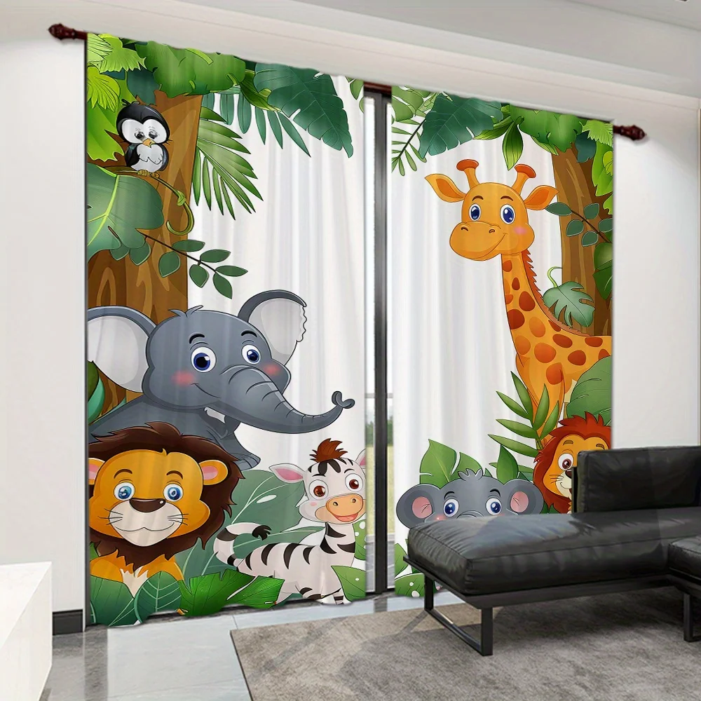 2pcs Cartoon Safari Zoo Themed, Happy Animal In The Jungle Curtains for Bedroom, Living Room, Kitchen, Dining Room, Home Decor