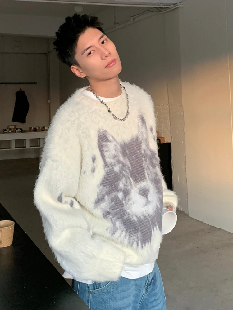 Fluffy Sweaters Men Loose Spring Autumn Outdoor All-match Korean Style Classic Normcore Prevalent O-neck Print Stylish Hip Hop