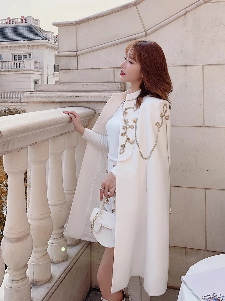 White Cloak Coat Women Mid-Length Woolen Blends Winter High Quality British Style Stand Collar Chain Wool Jacket Outwear Cape