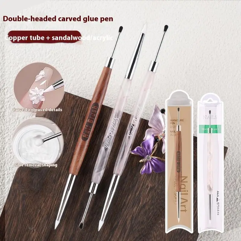 Multifunctional Sandalwood Acrylic Double Headed Nail Art Brush Carving Flower Painting Mixing Pen DIY Manicure Salon Nail Tool
