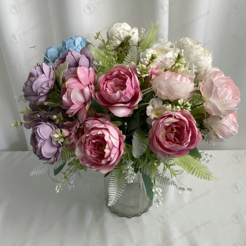 Buquê de seda de peônia artificial decorado com cabeça grande, decorações de casamento, Páscoa ou Halloween