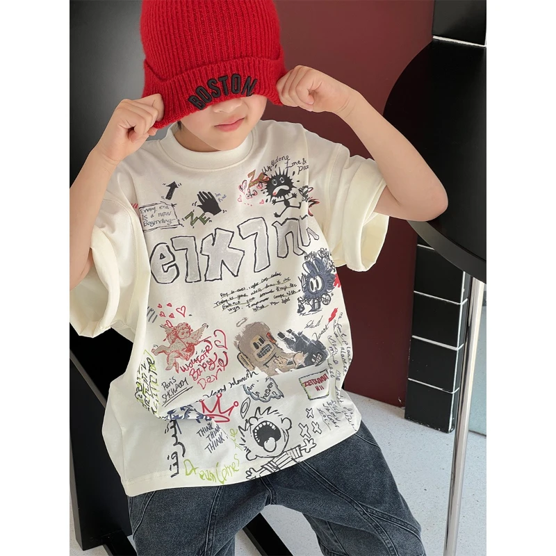 

2025 Summer New Arrivals Boys & Girls Fashion Creative Print Casual Loose Short Sleeve Crew Neck Pullover T-Shirt