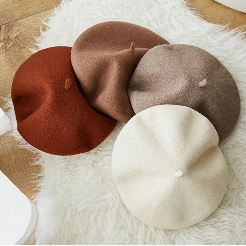 Winter 100%% Wool Black Beret Hat - French Beret -Solid Color Beret Cap for Women Girls Spring Autumn
