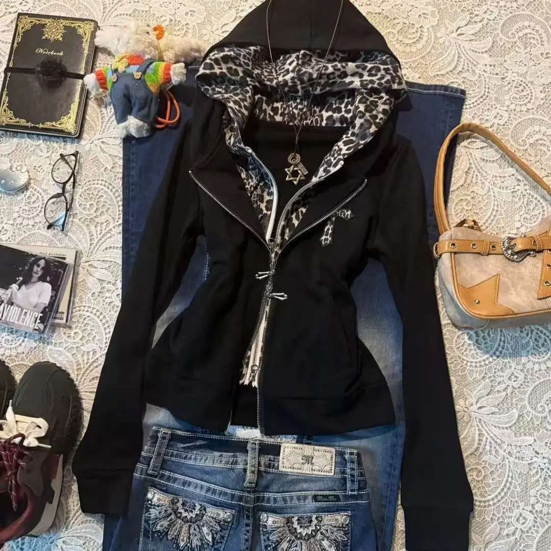 아메리칸 서브컬쳐 Y2k 페이크 투피스 후디 여성용 레오파드 스티칭 슬림 후드 빈티지 코트 봄 신상 지퍼 레트로 의류
