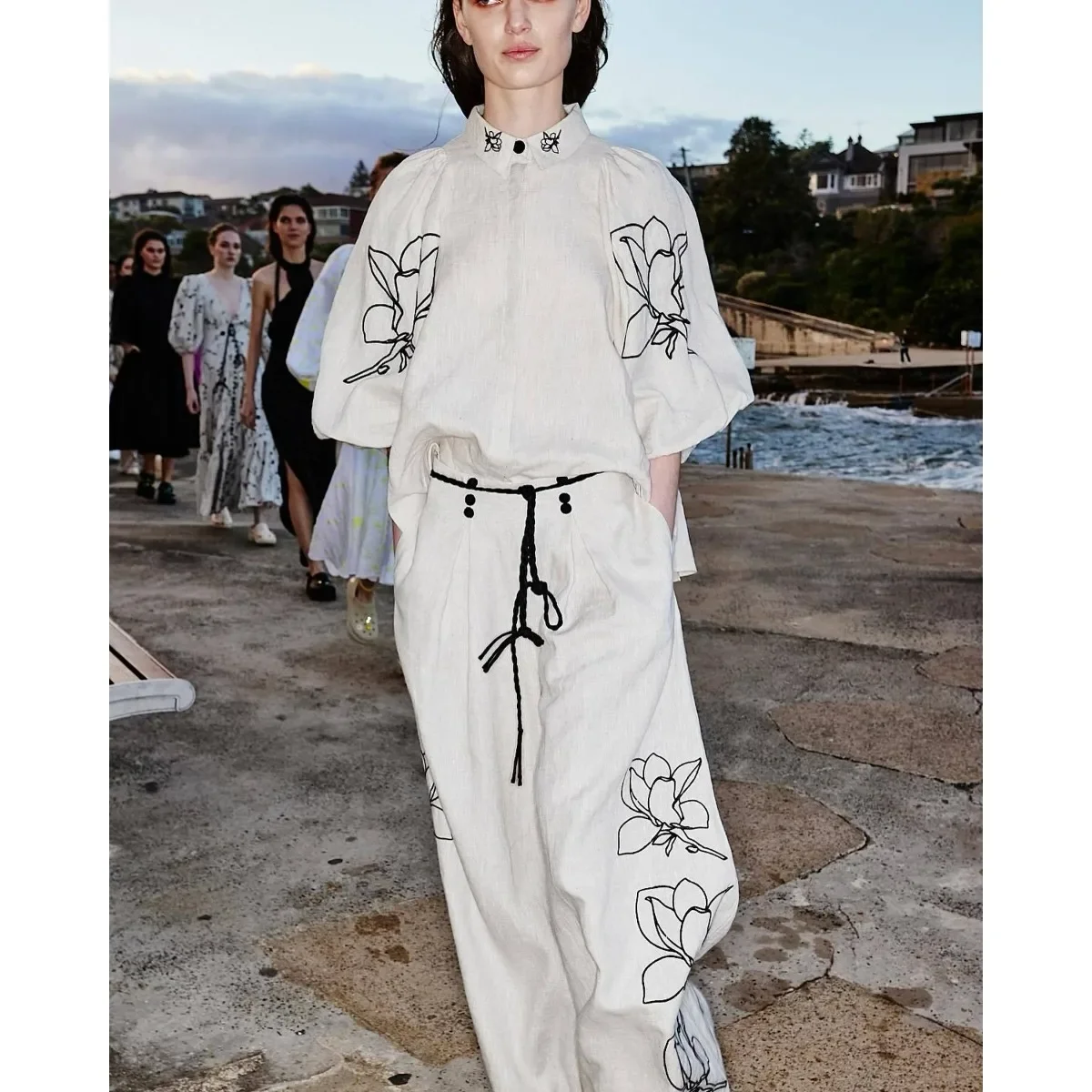 팝 럭셔리 디자인 코튼 투피스 세트 여성 의상 셔츠 하이 웨이스트 와이드 레그 팬츠 빈티지 하라주쿠 슈트 Office Lady High-end