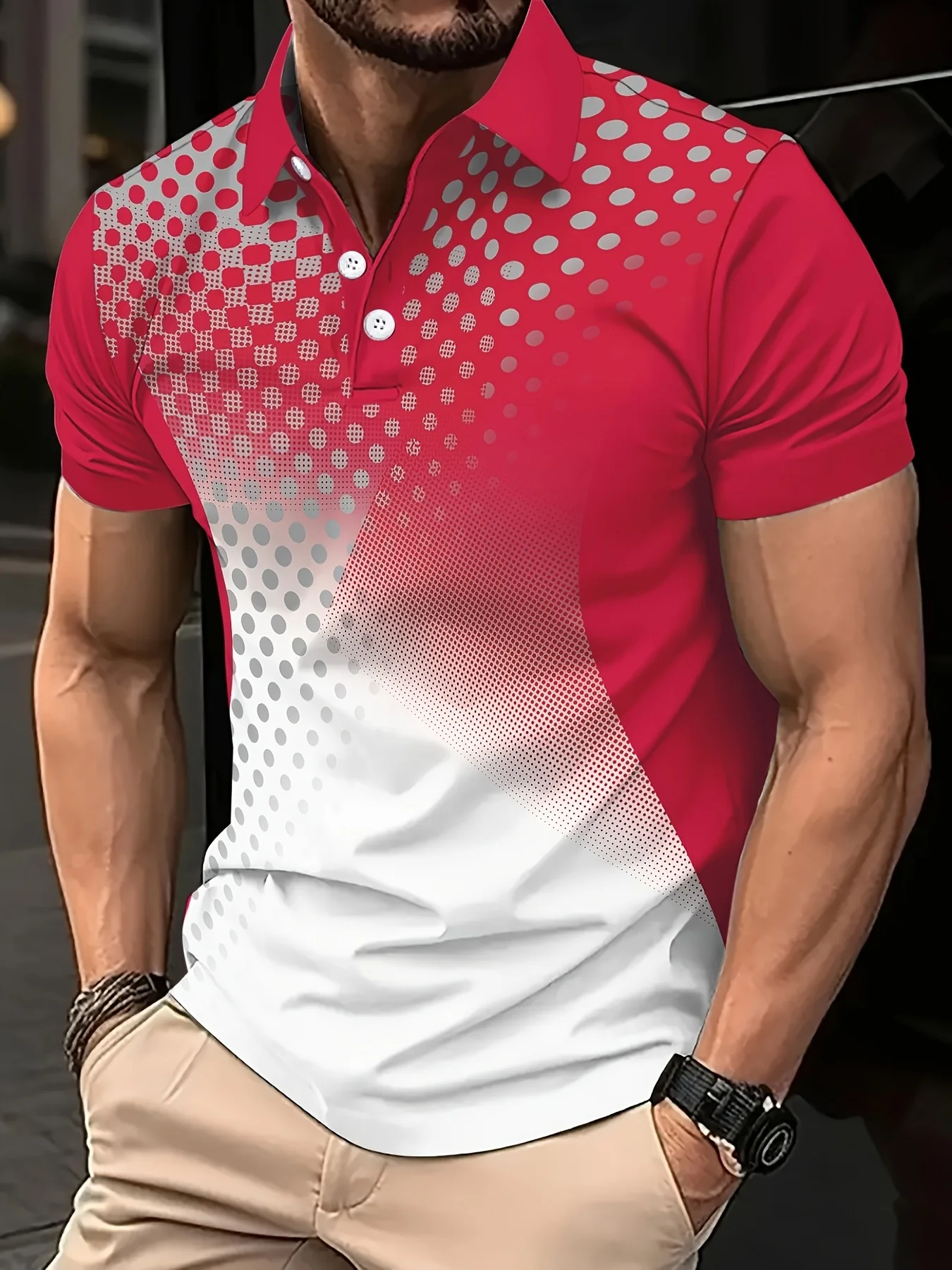 New men's short-sleeve polo shirt T-shirt, loose-fitting and tailored with printed patterns, versatile basic crew-neck top suita