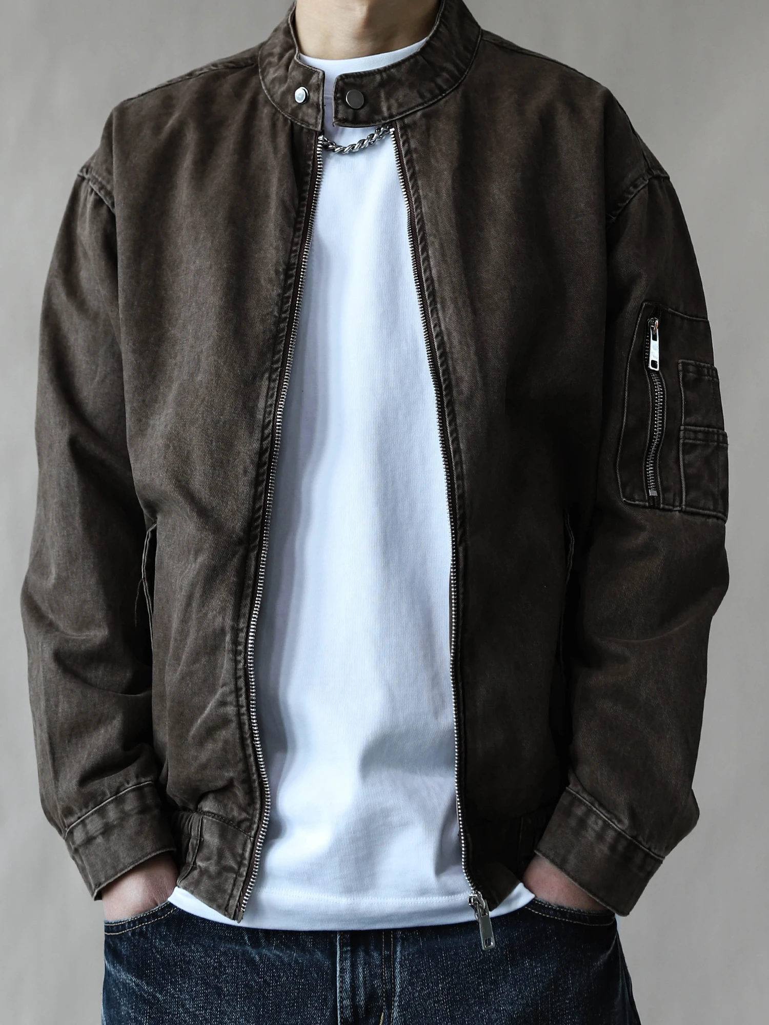 

Retro American Stand Collar Jaet Men's Spring Autumn Loose Workwear Coat Brown High Street Trendy Brand 2026 Waed Pure Co...