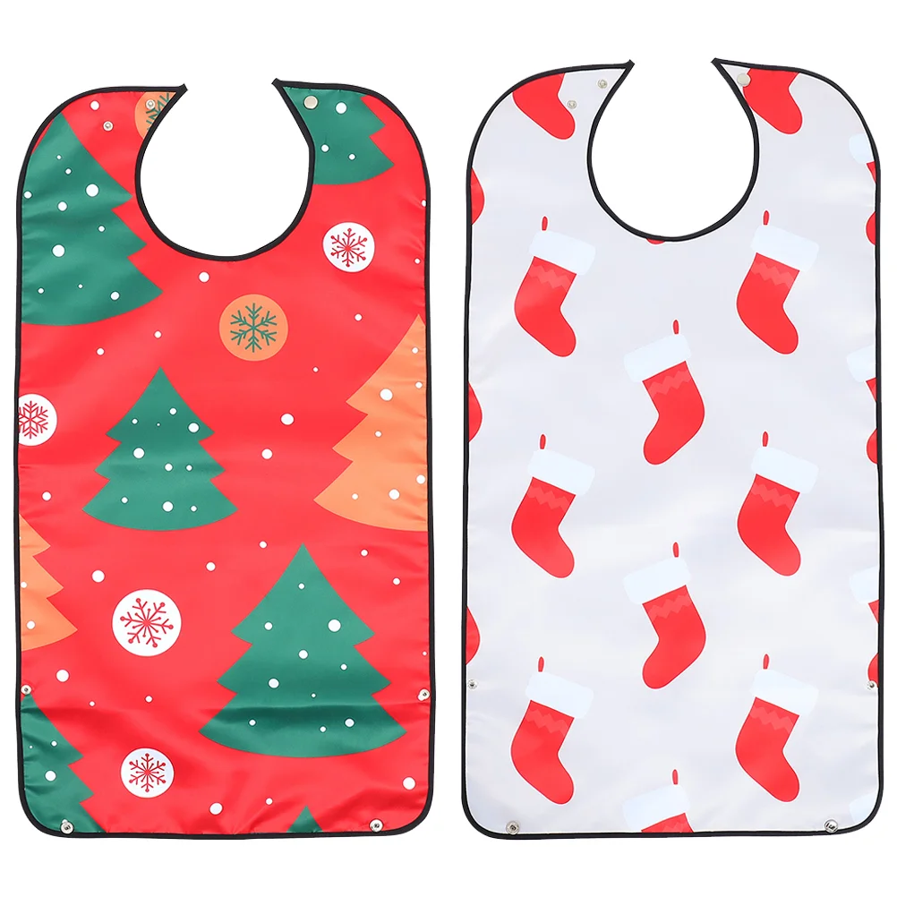 2 Pcs Adult Christmas Bib Bibs Printed Saliva Polyester Patient Man Large Snap Buckle Strap