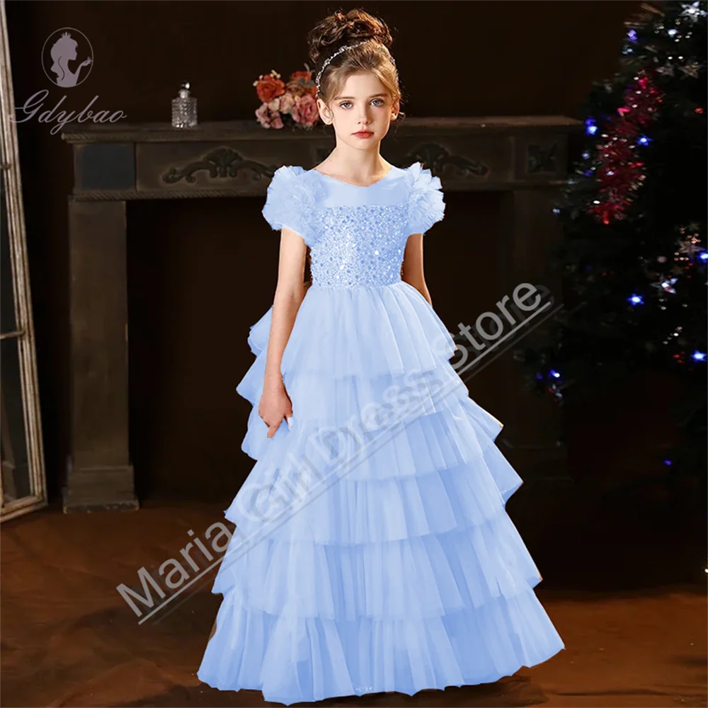 여아 무대 의상 퍼프 소매 스팽글 장식 보디스 티어드 튤 파티 웨딩 정장 꽃 어린이 생일 의상