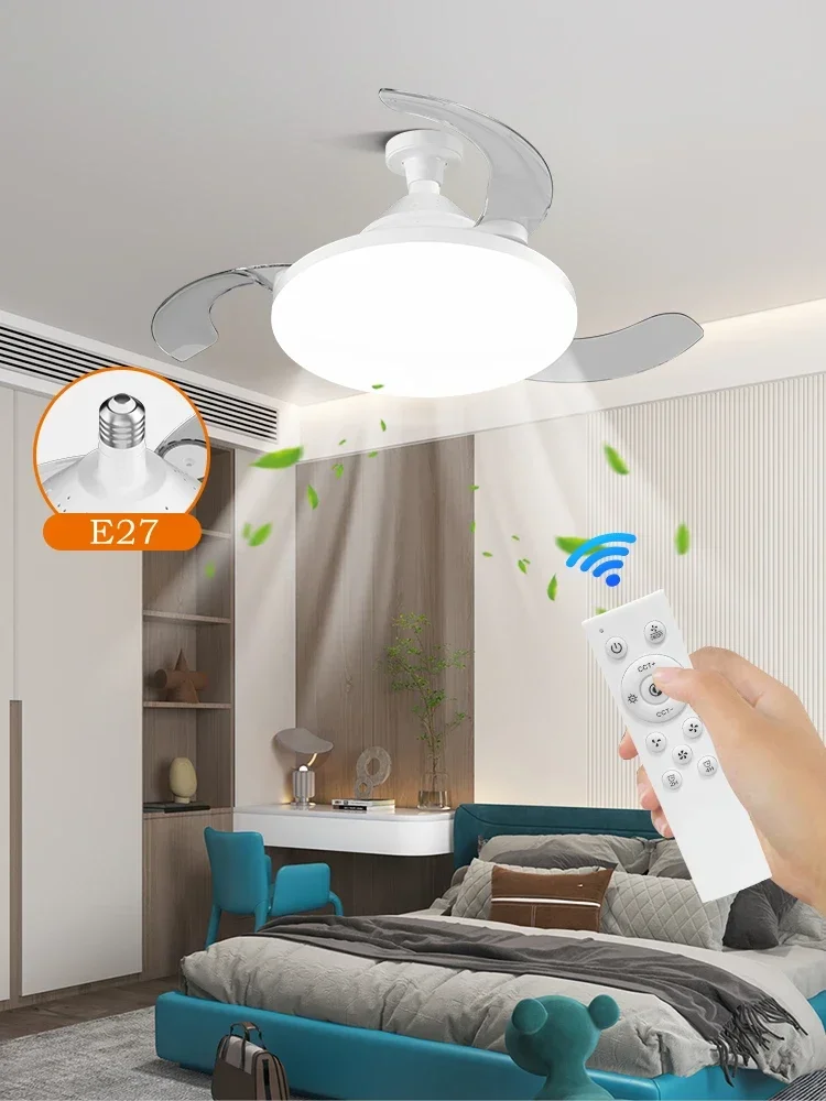 Nouveau ventilateur de plafond lumière silencieux télécommande gradation ventilateurs de Circulation d'air lame télescopique Invisible chambre maison E27 ventilateurs silencieux