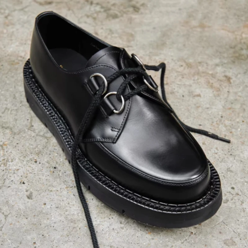 Rock Style Round Toe Thick Soled Derby Shoes Men's German Calf Leather Hand Sewn Breathable Comfortable Customized Casual Shoes