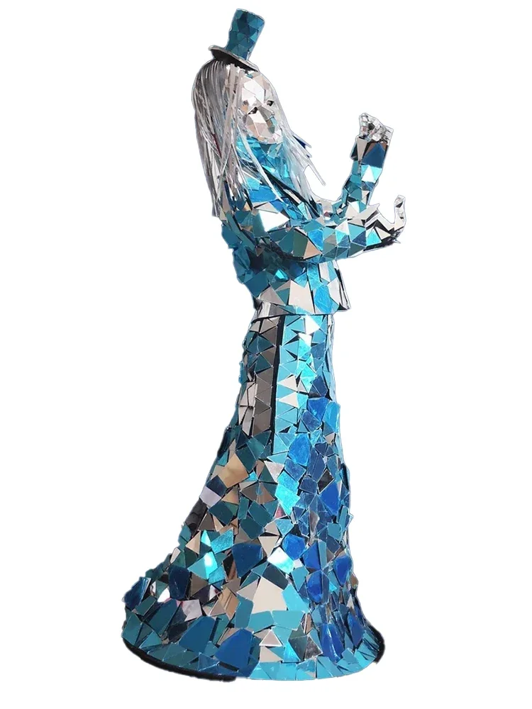 Mirror Glass Dress Blue Gold Silver Shimmering  Party Club Show Outfit for Music Festivals Dance Performances Catwalk Shows