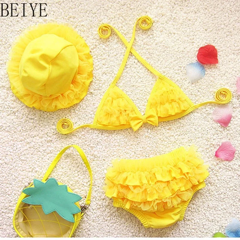Baby Girl Yellow Frill Bikini Swimwear Halter Neck Bow Swimsuit Ruffled Shorts Matching Sun Hat Summer Beach Pool Costume