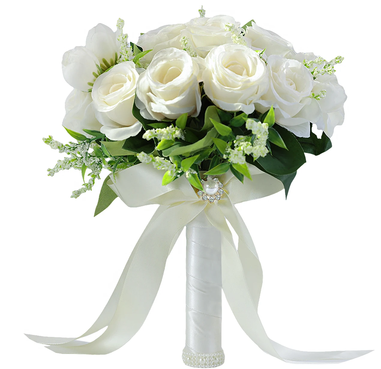 Ramos de boda de marfil para novia, dama de honor con ramillete y ojal,  juego de 3 rosas artificiales blancas, ramo de novia de flores / Accesorios  de boda, image size:1270x1231