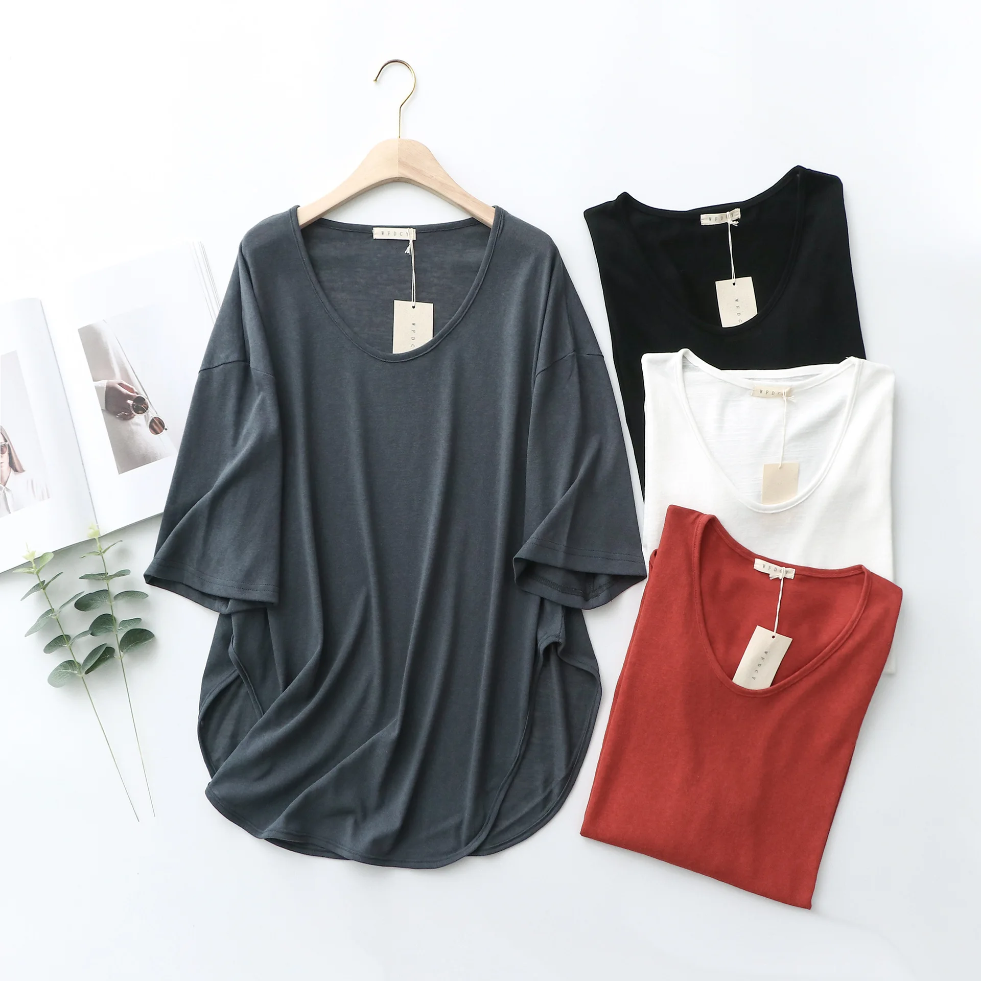 Summer Linen Cotton Tshirt Short Sleeves Loose Casual T-Shirts Mid-Length O-Neck Tee Tops Arc Hem Thin slit Top all match