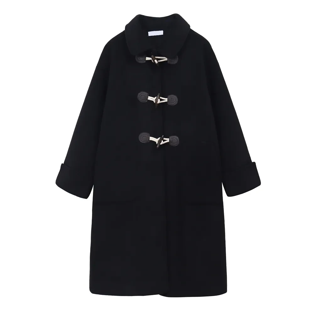 

Смешанные пуговицы с рогами, женские свободные осенние длинные простые пальто в корейском стиле, модные универсальные повседневные студенческие женские уличные винтажные пальто