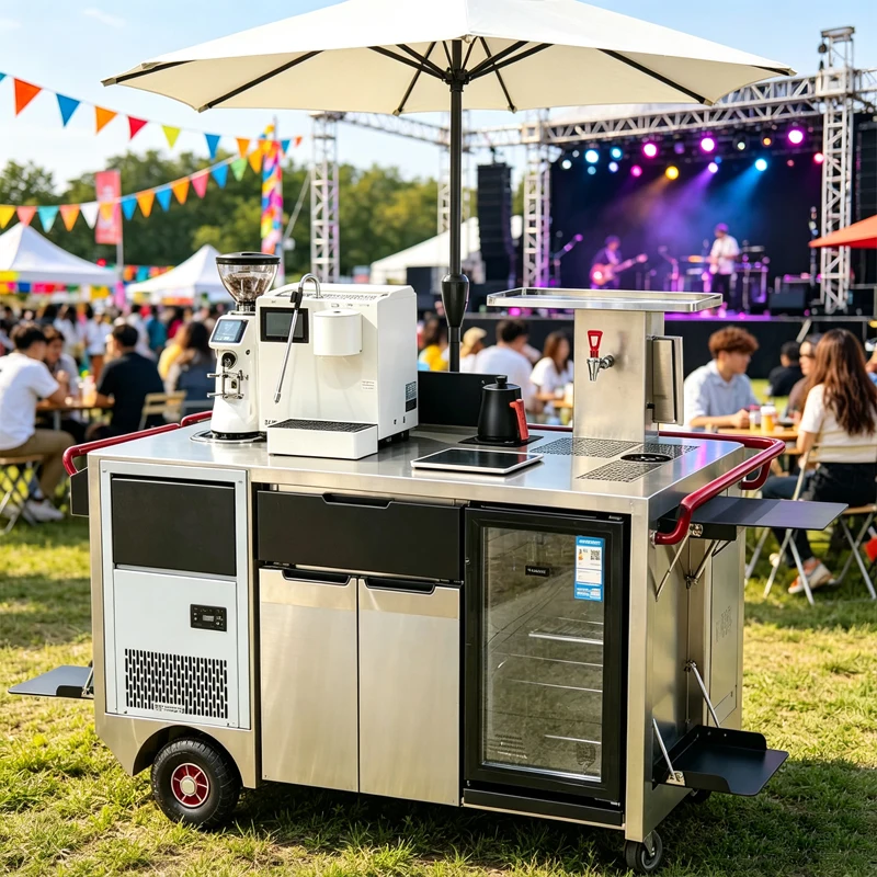 Outdoor Pop Up Coffee Cart Stainless Steel Mobile Coffee Trolley With Storage And Awning Customized