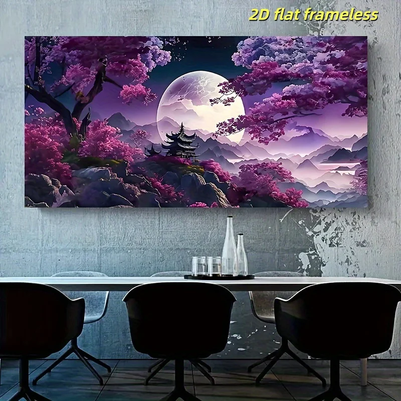1 modern abstract landscape oil painting art print wall decoration, serene purple moon and cherry blossoms, living room or bedro