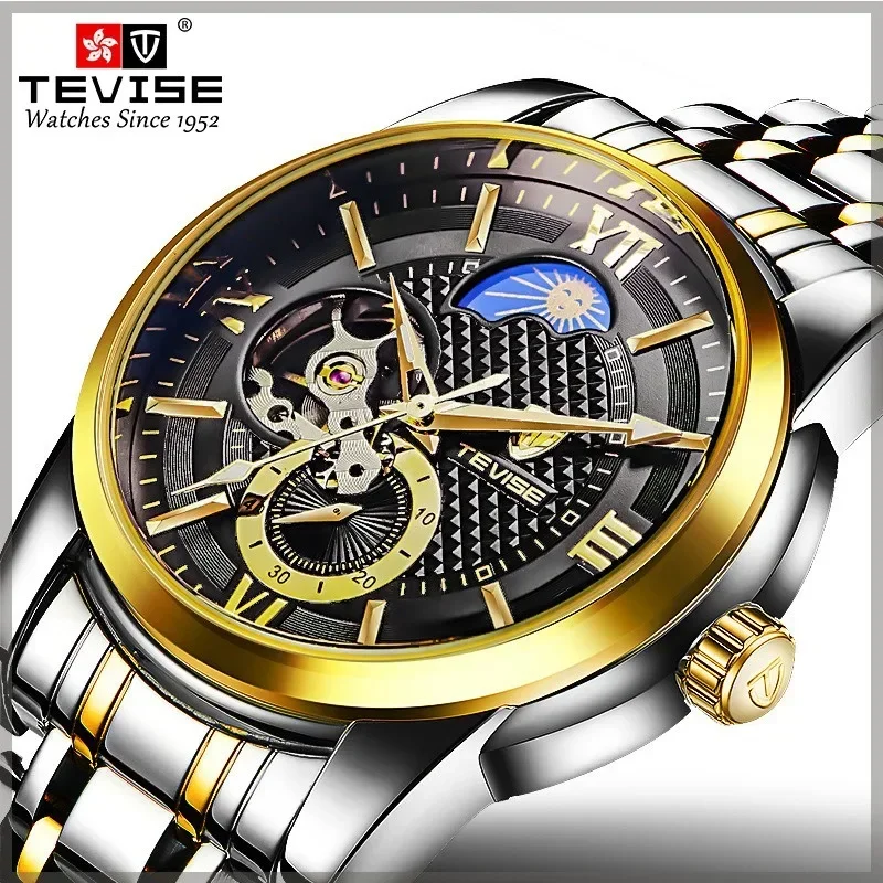 Fashion Tourbillon Automatic Mechanical Watch Men Multi Function Moon Phase Display Glow in The Dark Waterproof Man Sports Watch