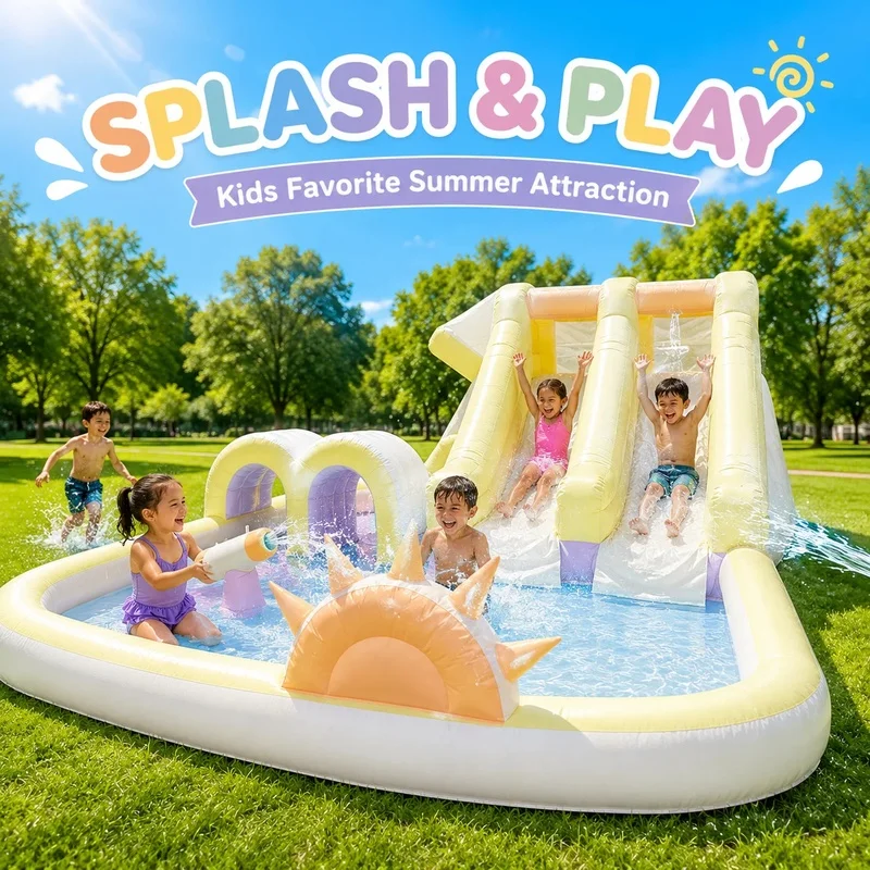 Pastel Kid Play Party Rental Residential Water Theme PVC Inflatable Splash Pad Water Park Slide Bouncy Castle for Backyard Event