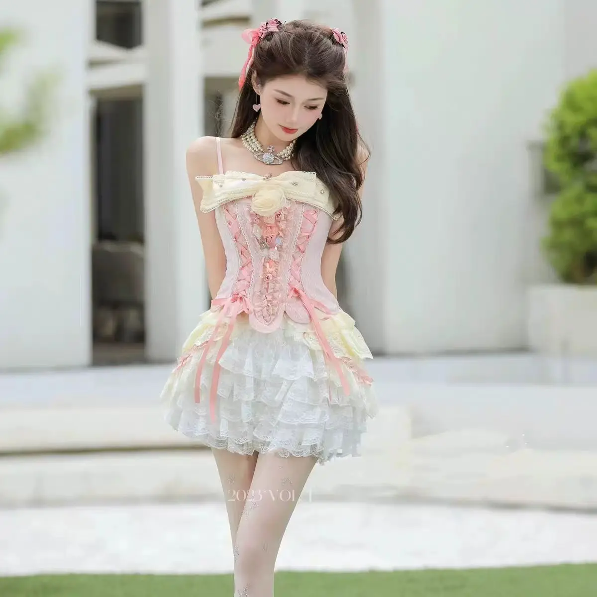 French Elegant Corset Suit Women Bow Tie Sexy Lace Tube Top White Shorts Two Piece Casual Fashion Summer Female Two Piece Set