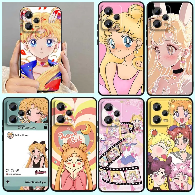 

Anime S-Sailors M-Moons Cute For Xiaomi Redmi Note 14 13 12 12S 11E 11 11S 11T Pro Plus 4G 5G Black Soft TPU Cover Phone Case