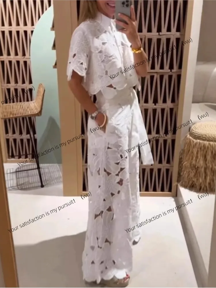 

ZOCI-Сексуальный полый кардиган, однотонный топ, широкие брюки, женский комплект из двух предметов, новый летний модный комплект из 2 предметов, белый повседневный элегантный комплект