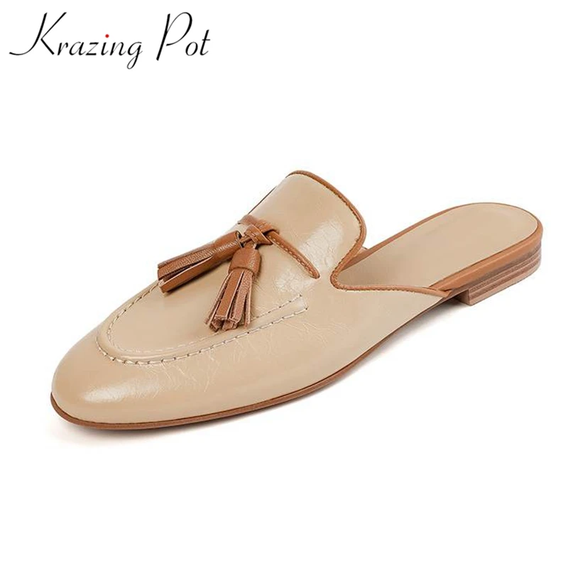 

Krazing Pot 2023 Cow Leather Tassel Fringe Design European Street Wear Summer Round Toe Slip On Women Luxury Outside Slippers