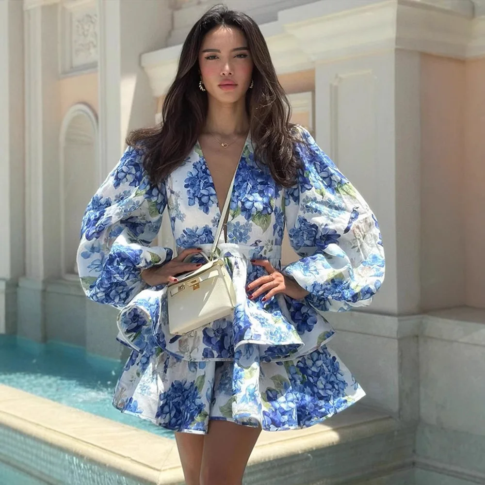 2025 novas mulheres amarelo decote em v impressão vestido curto lanterna manga em camadas saia francês elegante multi cores opções