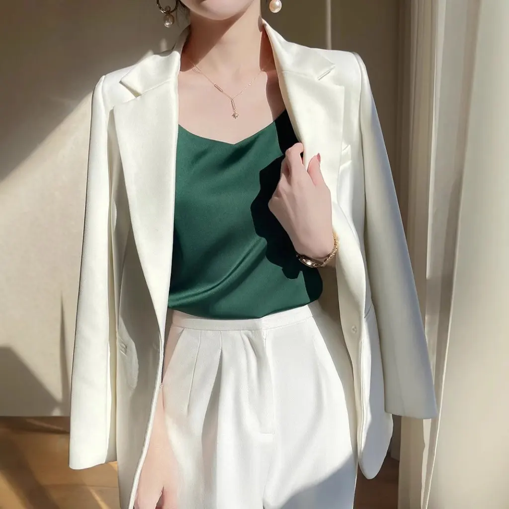 

Women's Silk Acetate Satin Camisole Sleeveless Top White Thin Base Layer All-match Outer Wear New