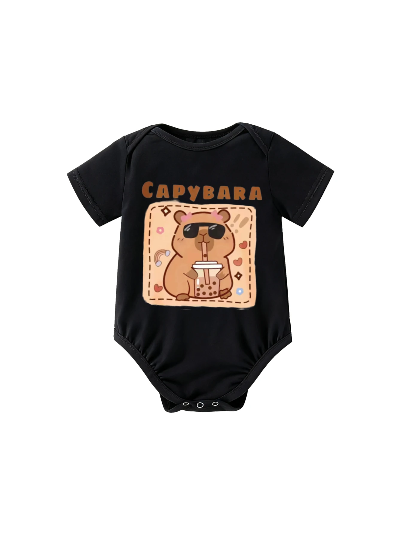 

Children's Bodysuit Round Neck CAPYBARA Drinking Boba Tea with Sunglasses Graphic Unisex For Boys Girls For Animal Lovers