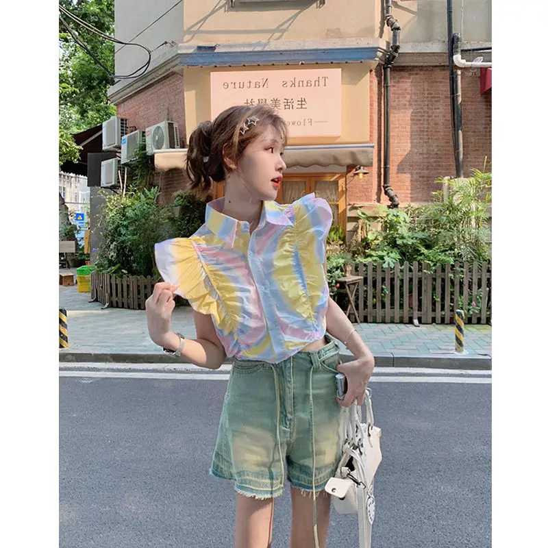 Korea Blouses Turn Down Collar Flying Sleeve Tie Dye  Fashion Crop Tops Summer All Match Design Women Shirt