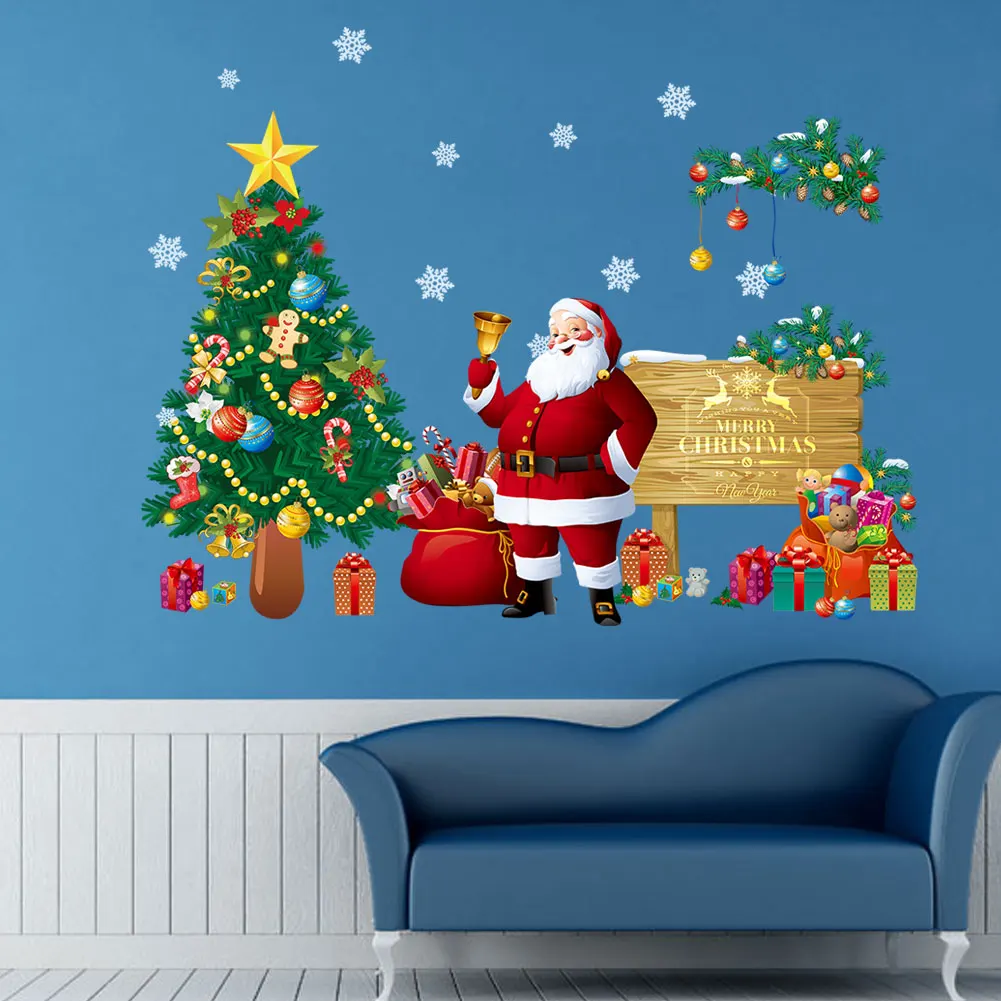 Santa Claus Christmas Tree Wall Sticker For Shop Living Room Home Decoration Diy Xmas Festival Mural Art Kids Decals