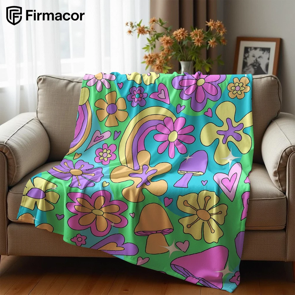 Christmas Throw Blanket - Rainbow Daisy Cartoon Anime Print Flannel