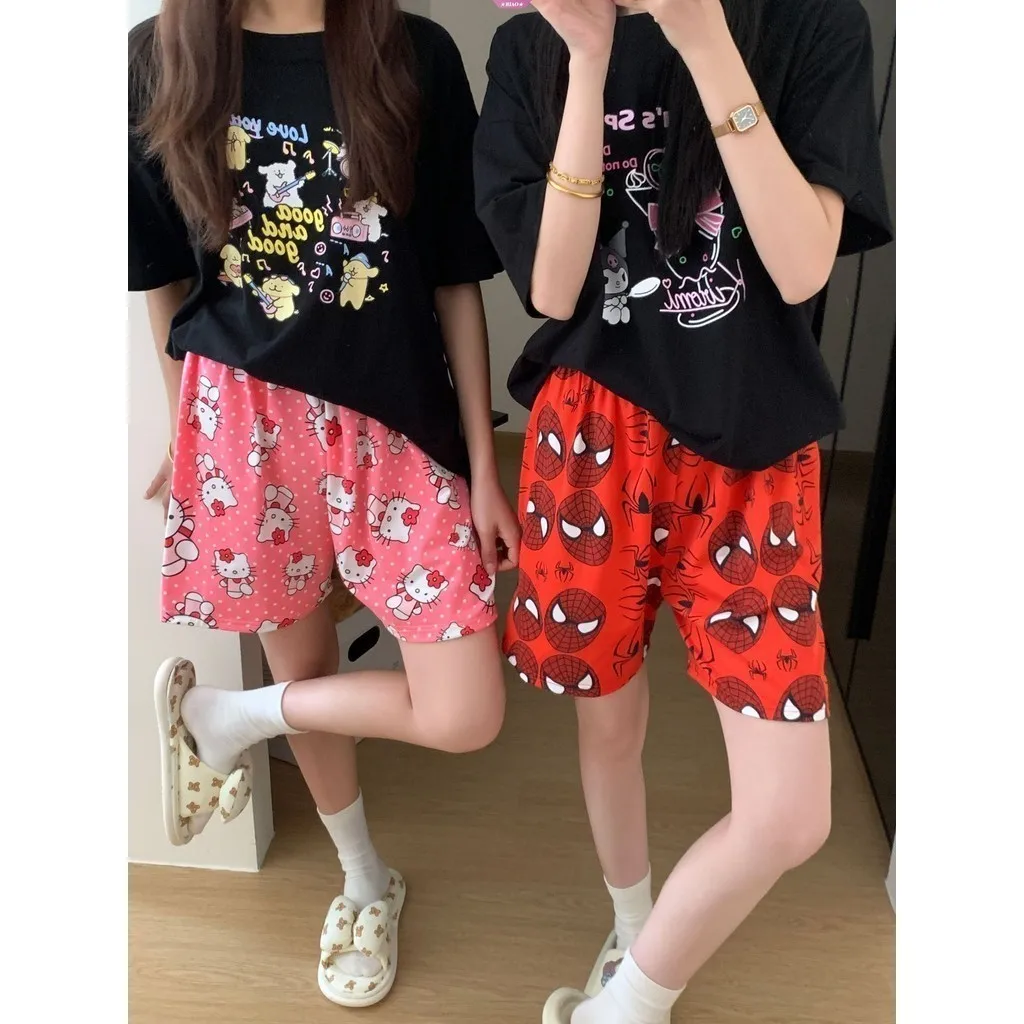 Women's Cartoon Printed Shorts Fashion Kawaii Hello Kitty & Spider-Man 3D Print Casual Shorts Summer Hawaii Beach Short Pants