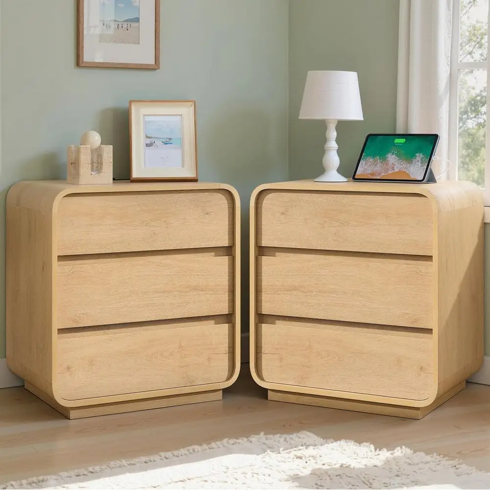 

Pair of 23.2 Natural Curved Nightstands with Drawers, Charging Station, and End Table Features for Bedroom