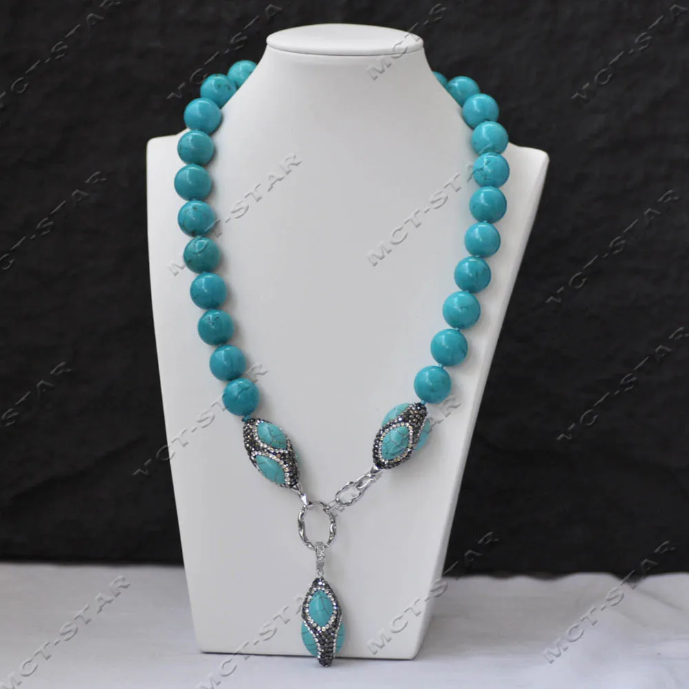 MTC·STAR 22'' 36mm Green Blue Round Natural Turquoise Necklace Shuttle CZ Pendant (Z14362)