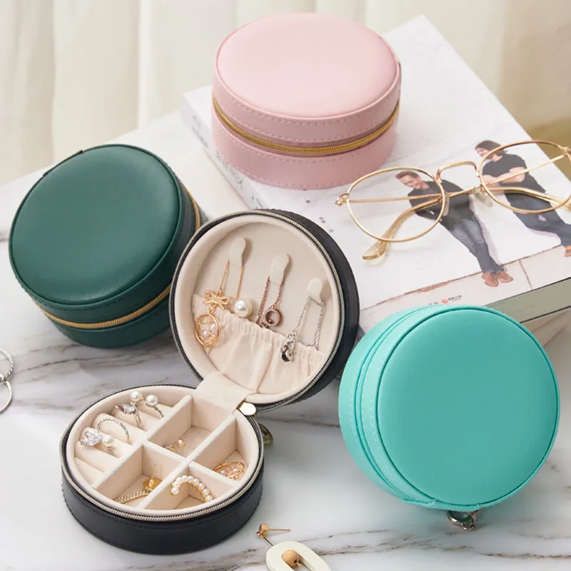 

Розовый маленький круглый портативный мини-серьги из искусственной кожи, ожерелье, футляр для ювелирных изделий, органайзер, коробка для путешествий